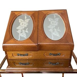 Large Vintage Wooden Musical Jewelry Box with Oval Mirrors